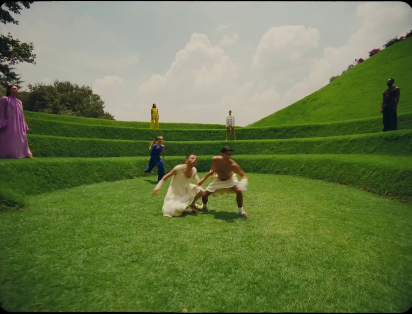 a group of people standing on top of a lush green field