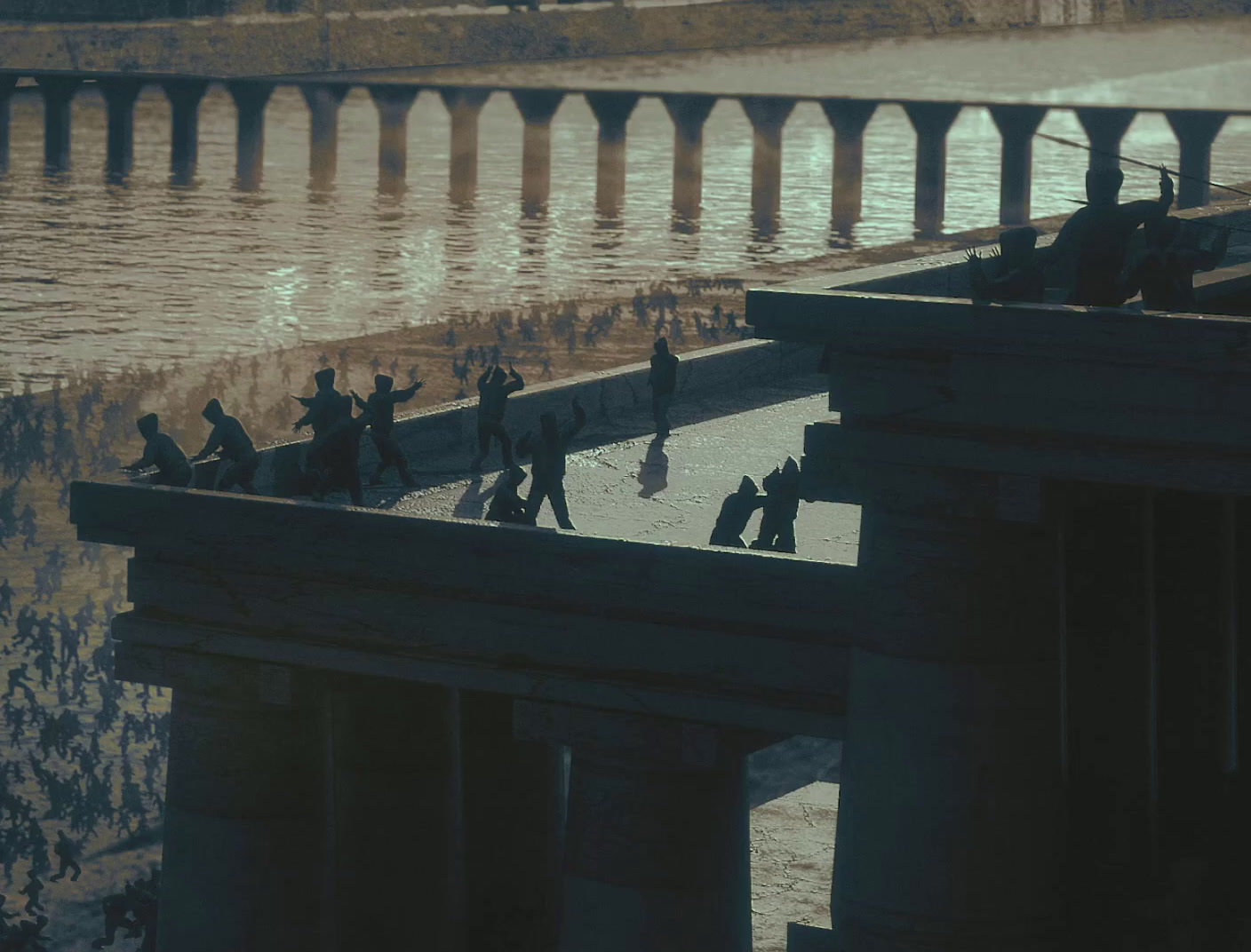 a group of people walking across a bridge over water