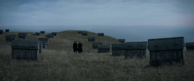 a couple of people standing in a field