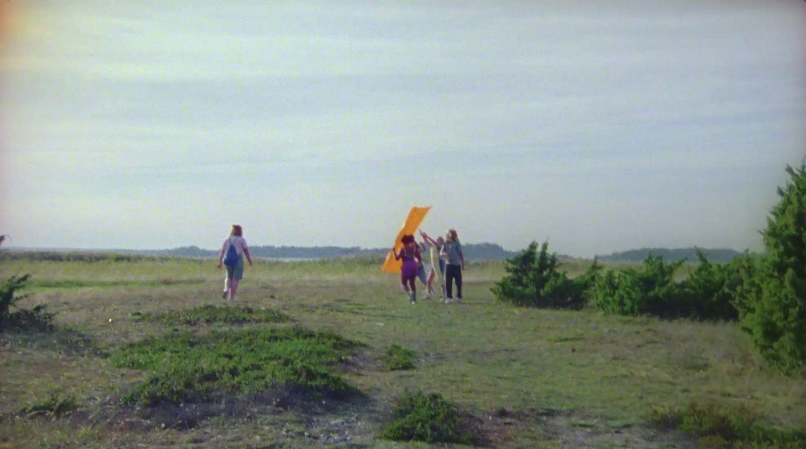 a group of people walking across a grass covered field