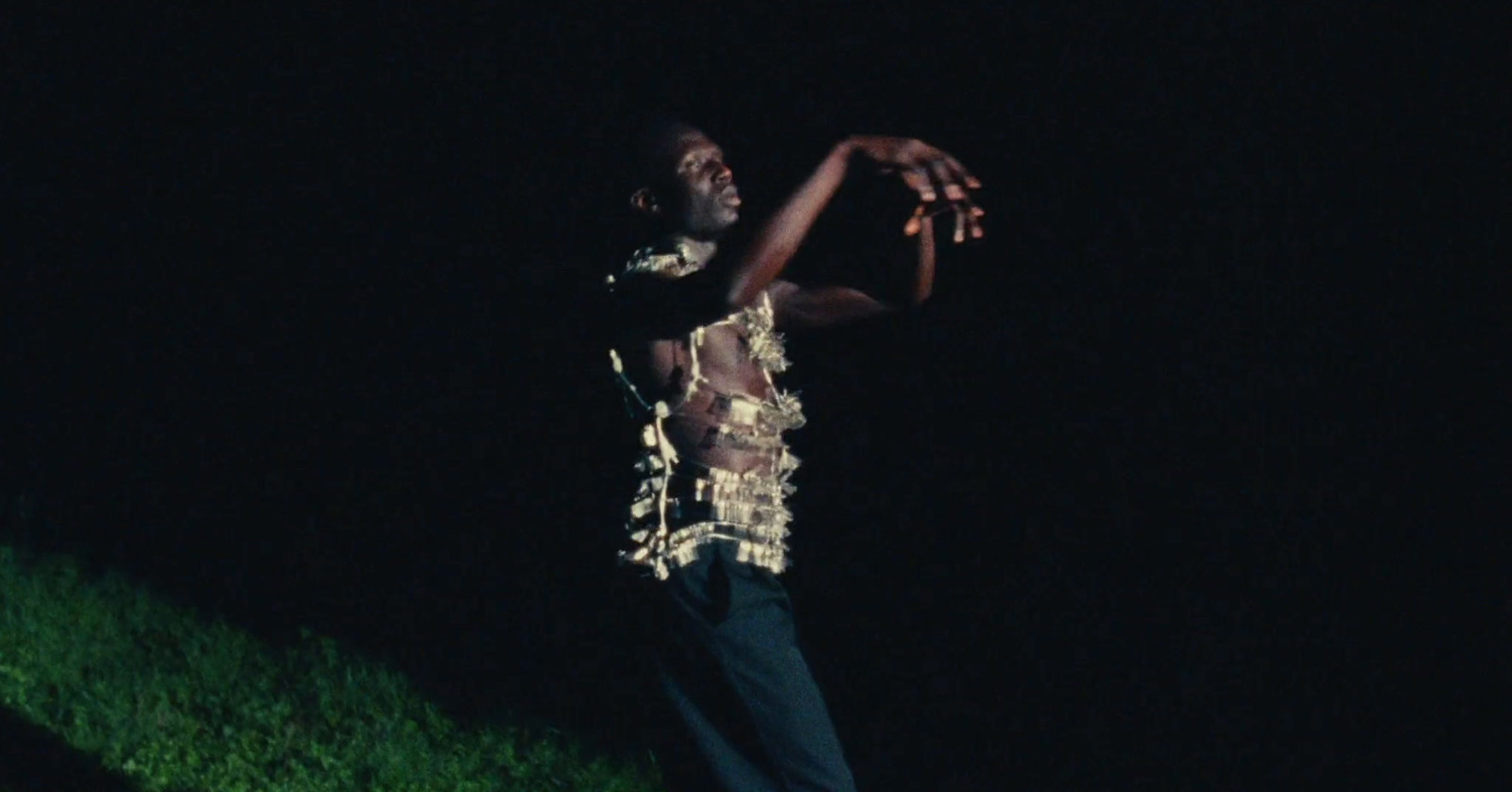 a man standing on top of a lush green field