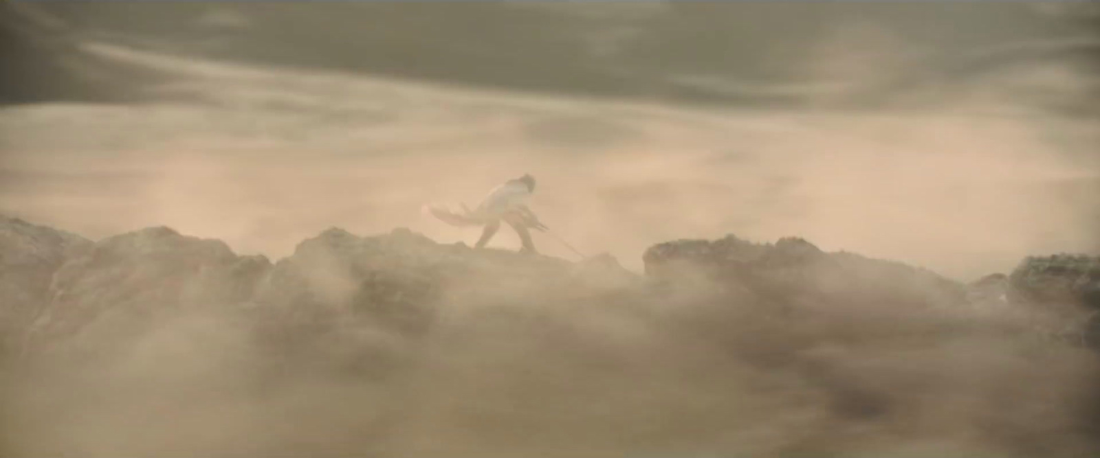 a man walking on top of a mountain covered in fog