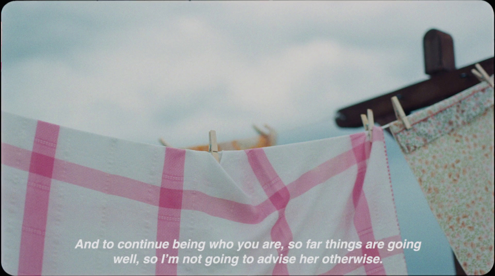 a pink and white checkered towel hanging on a clothes line