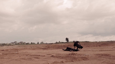 a couple of people standing on top of a dirt field