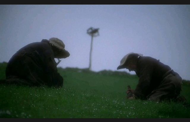 a couple of men sitting on top of a lush green field