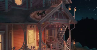 a house with a horse on the porch at night