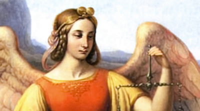 a painting of an angel holding a sword