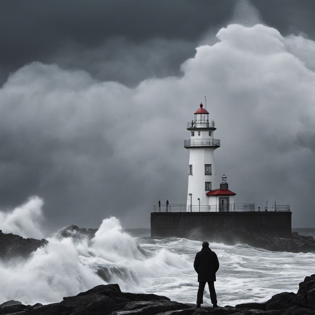 a man standing on a rocky beach next to a lighthouse