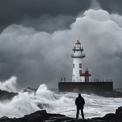 a man standing on a rocky beach next to a lighthouse