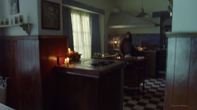 a woman standing in a kitchen next to a counter