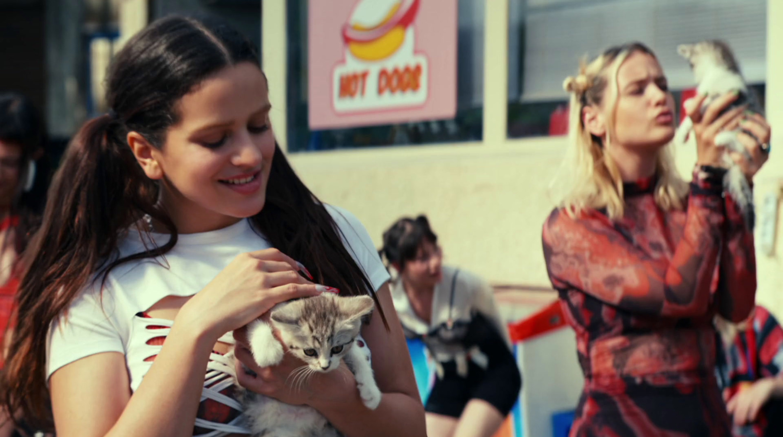 a woman holding a cat in front of a group of people