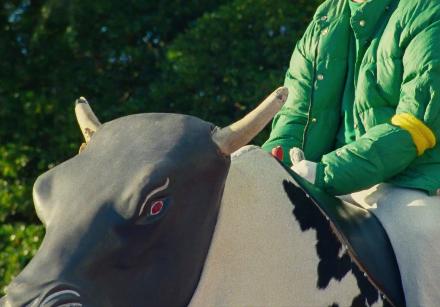 a woman in a green jacket riding a cow