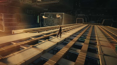 a person walking on a platform in a futuristic city