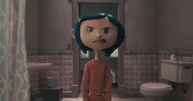 a cartoon character standing in a bathroom next to a toilet