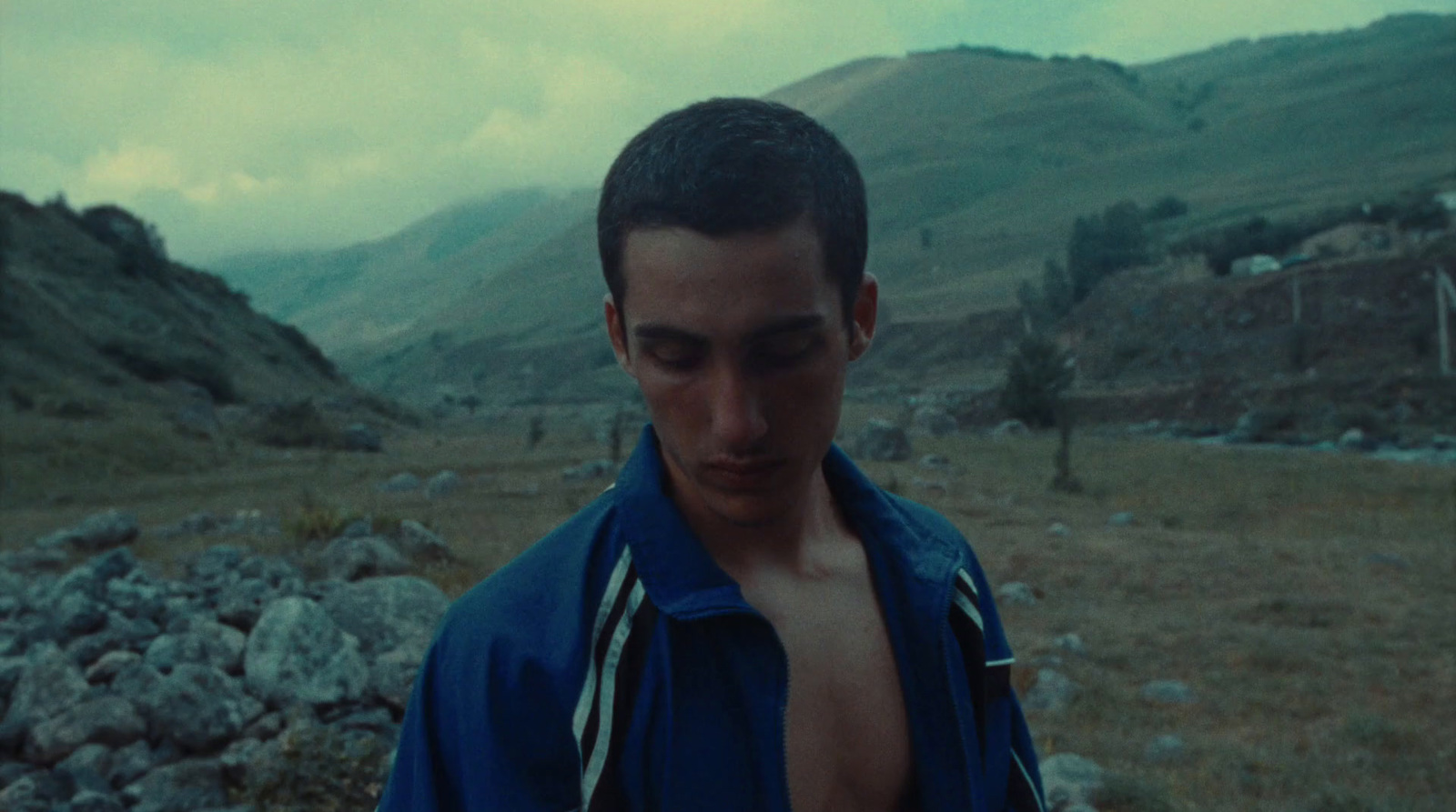 a man standing in a field with a mountain in the background