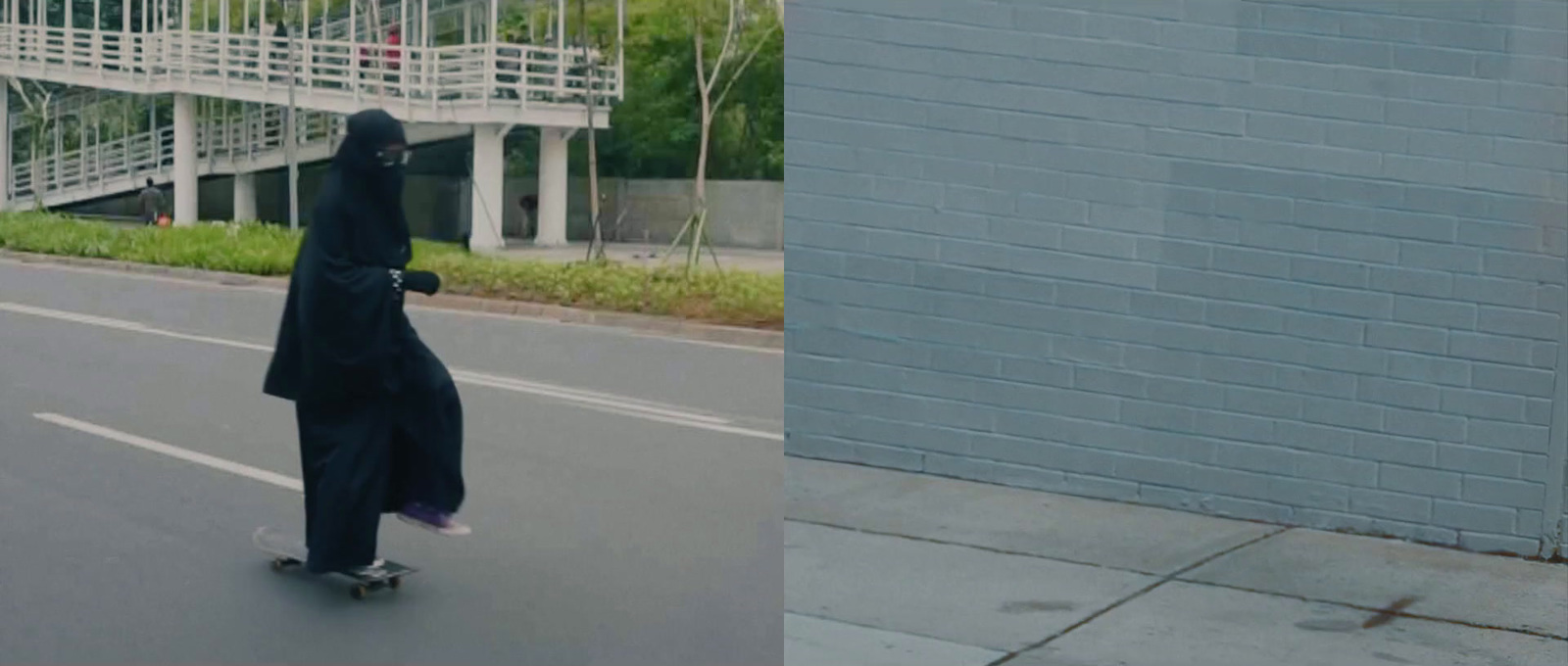 a person riding a skateboard on a city street