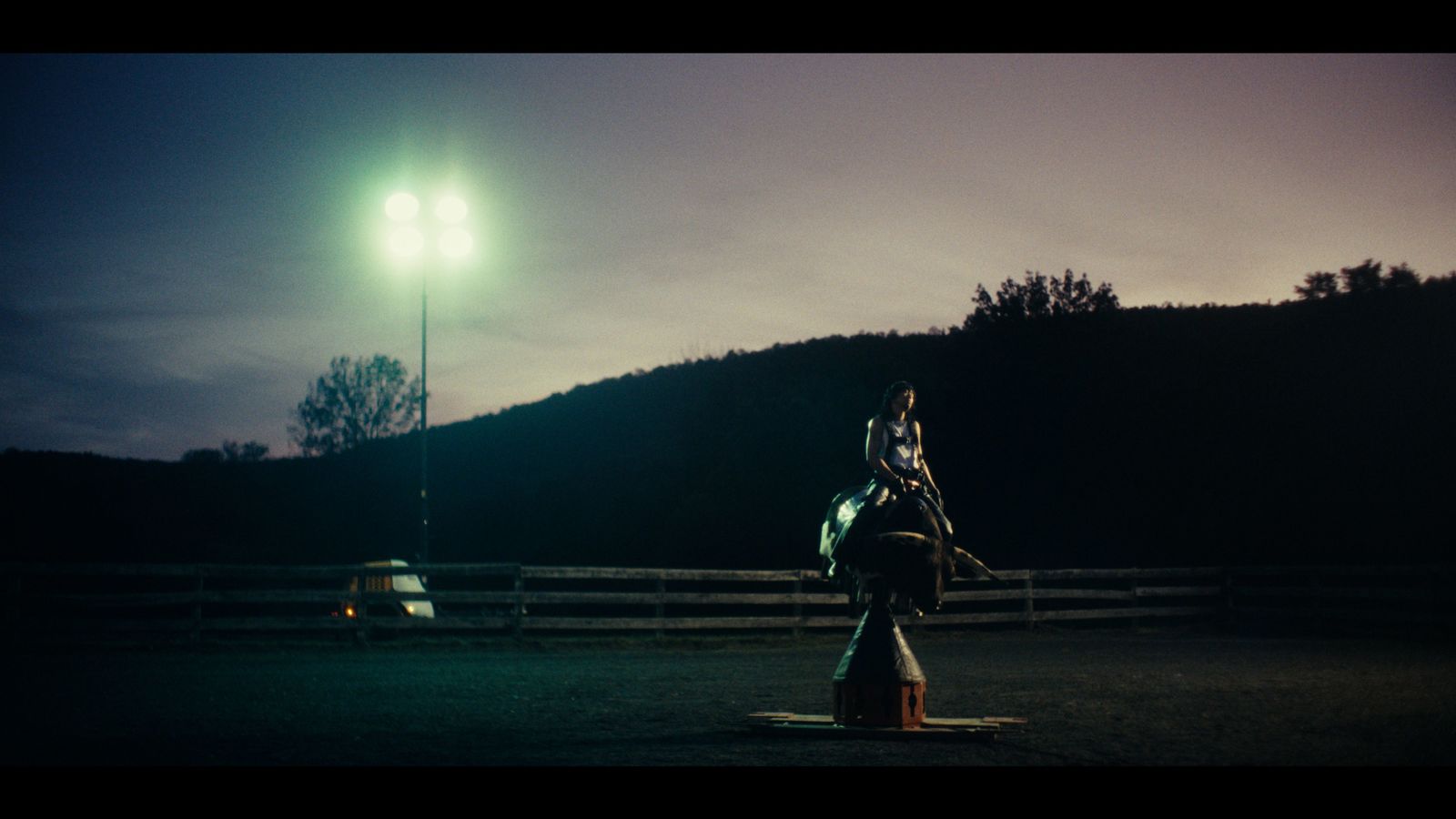 a person riding a horse in a fenced in area