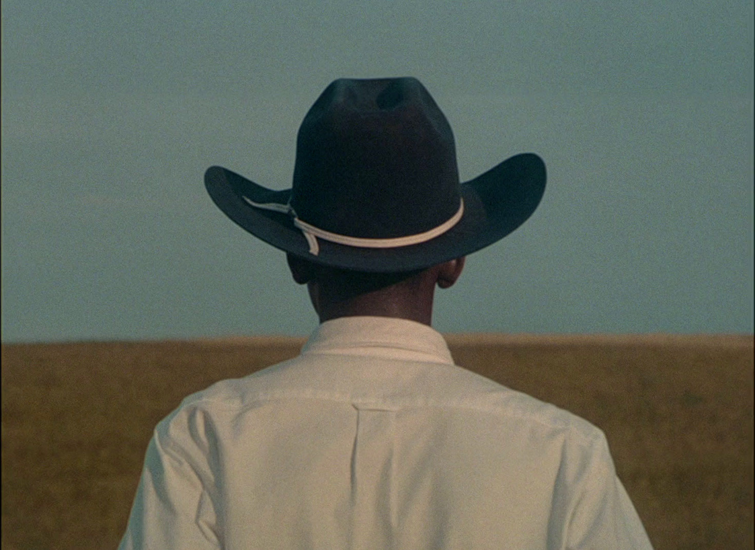 a man wearing a cowboy hat standing in a field