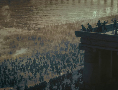 a group of people walking across a bridge over water