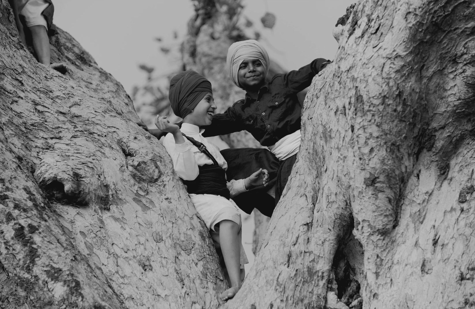 a black and white photo of two children in a tree