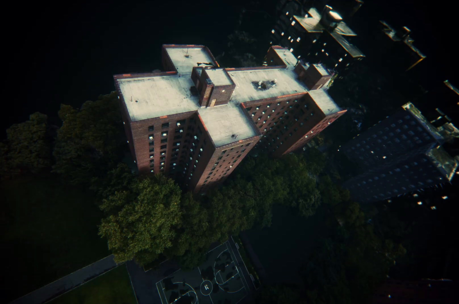 an aerial view of a building in a city