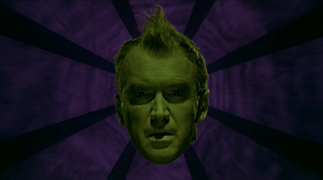 a man with a green face and a purple background