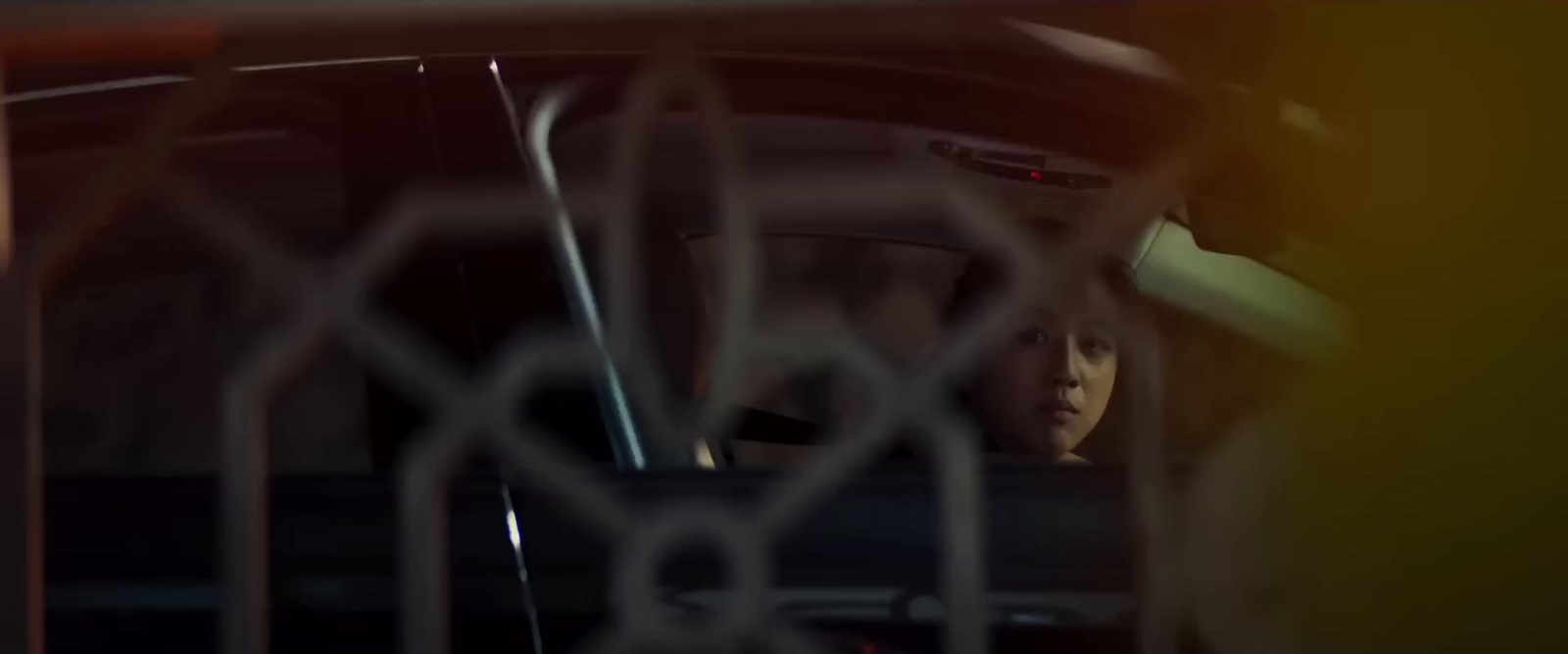 a woman driving a car through a gate