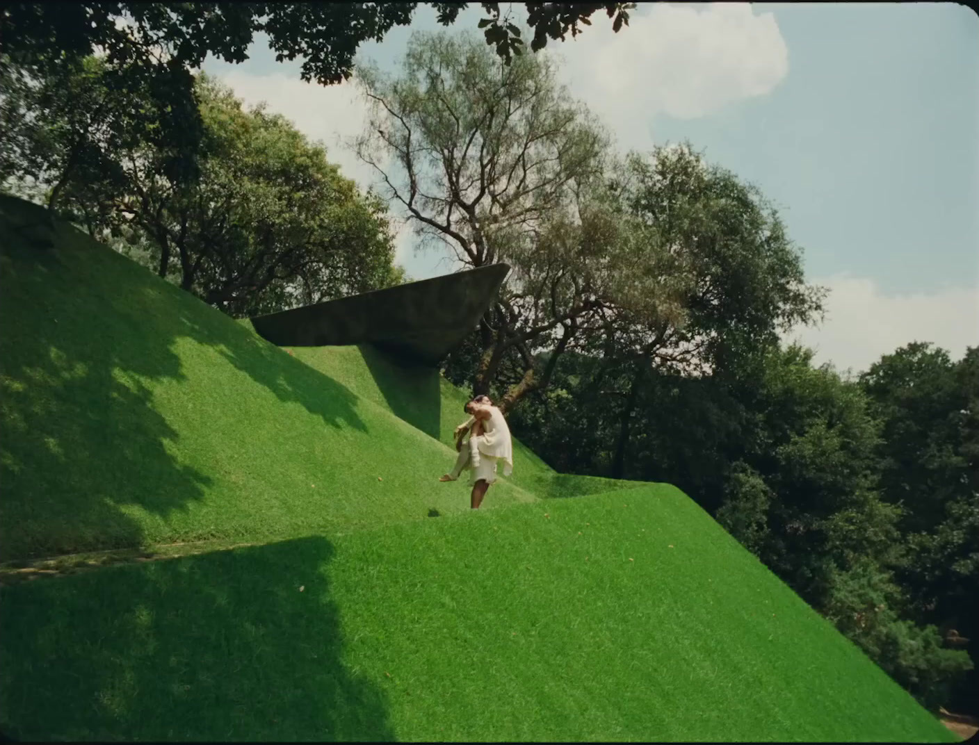 a man standing on top of a lush green hillside