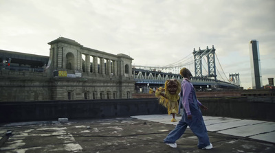 a person walking on a roof with a bridge in the background