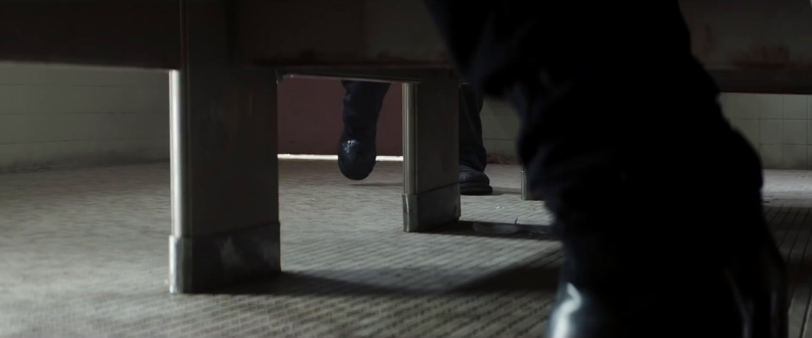 a person standing under a table in a room