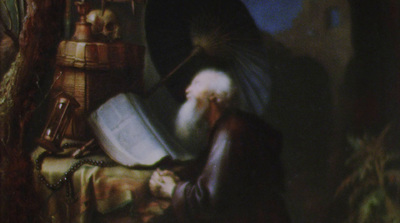 a painting of a bearded man reading a book