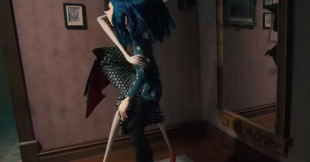 a woman with blue hair is holding a broom