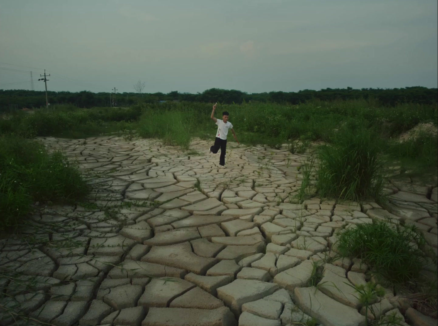 a person standing in a field with a frisbee