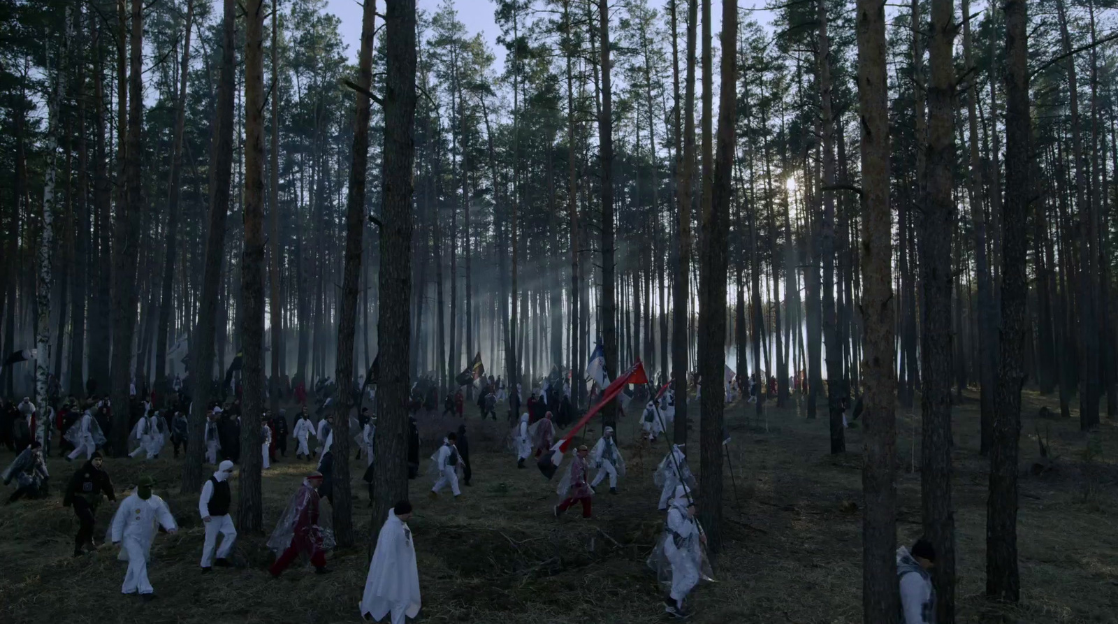 a group of people walking through a forest