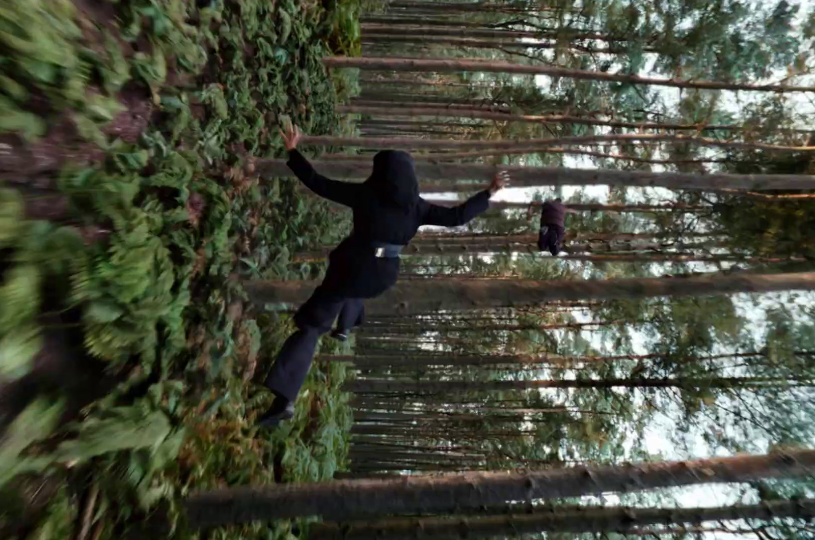 a man in a black jacket is walking through a forest