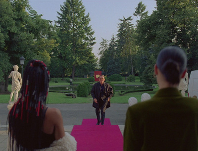 a man and a woman walking down a pink carpet