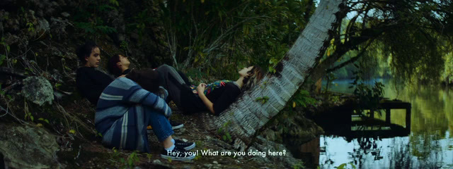 two people sitting in a hammock next to a body of water