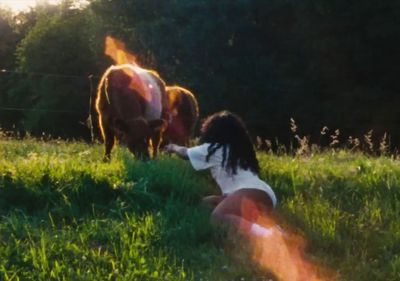 a woman kneeling down next to a brown and white horse