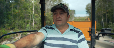 a man in a striped shirt is driving a tractor