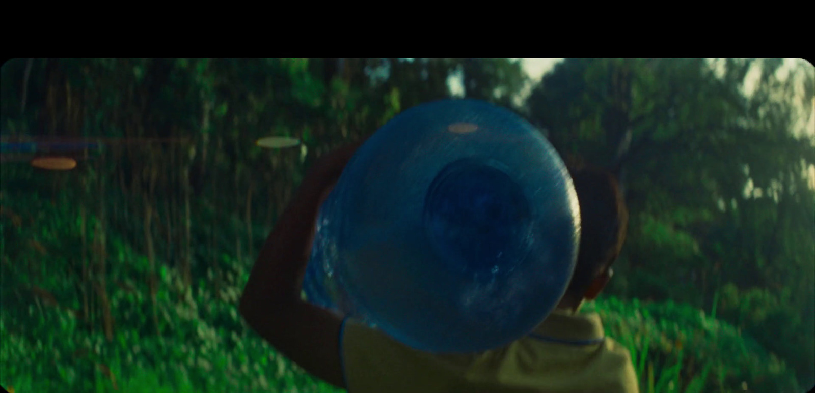 a person holding a blue frisbee in their hands