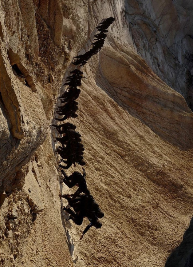 a group of people climbing up the side of a mountain