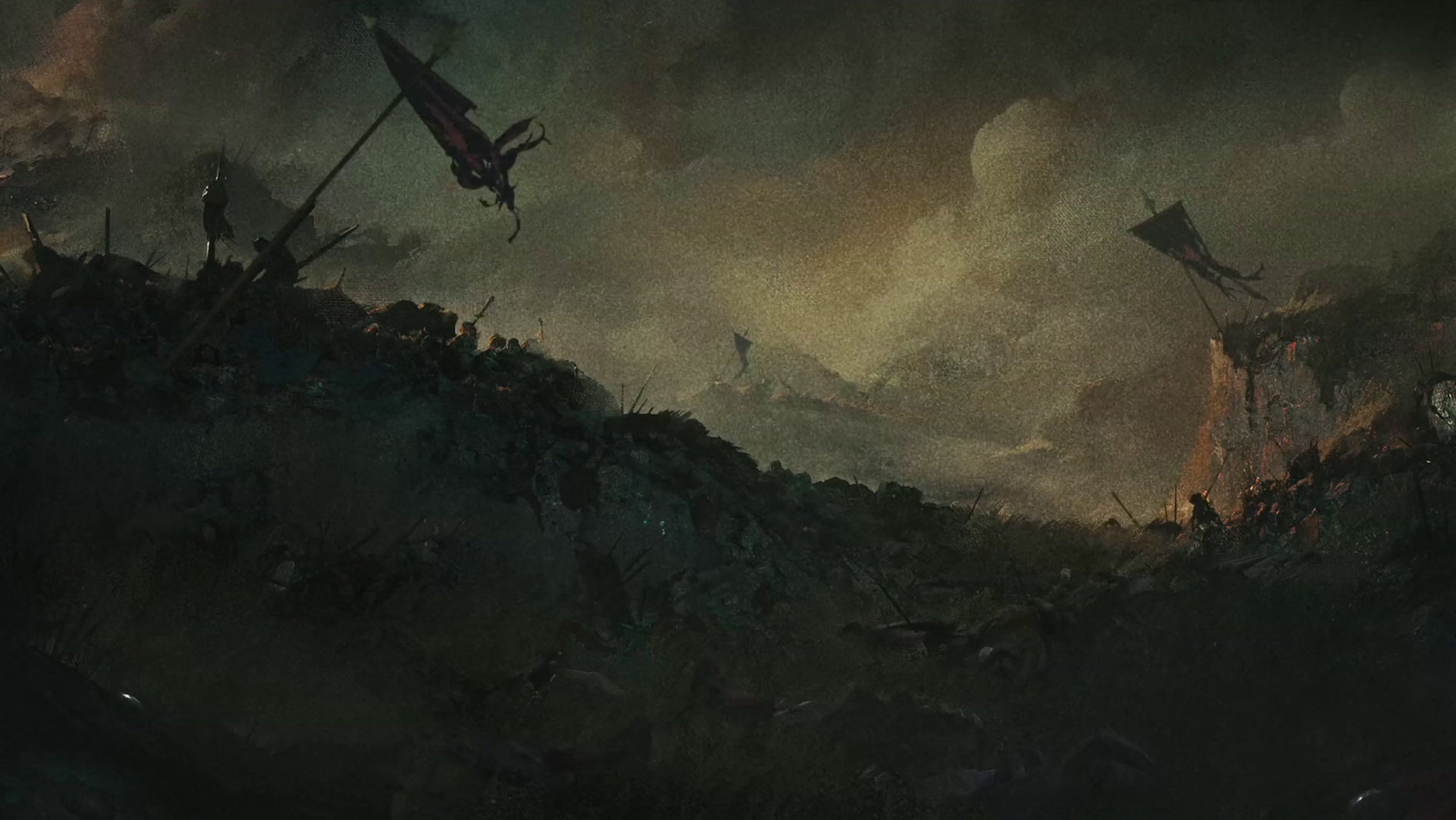 a painting of a dragon flying over a mountain