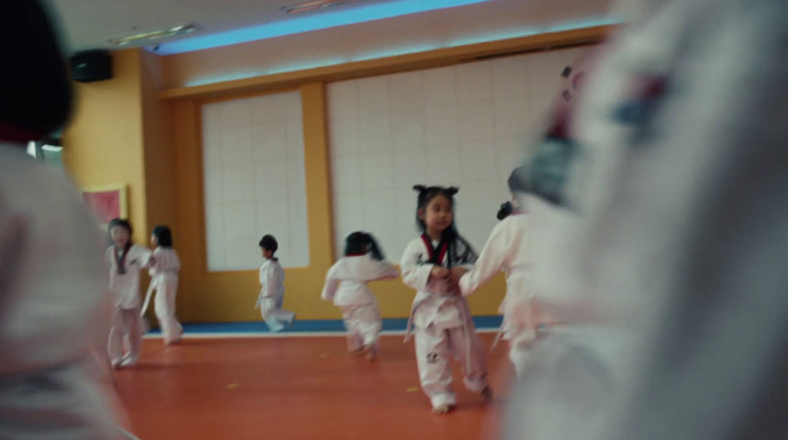 a group of young children practicing karate in a gym