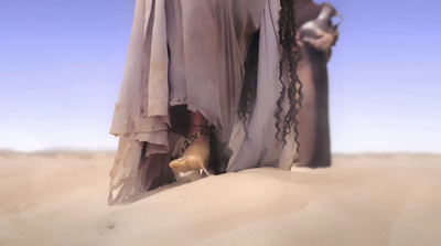 a woman in a long dress standing in the desert