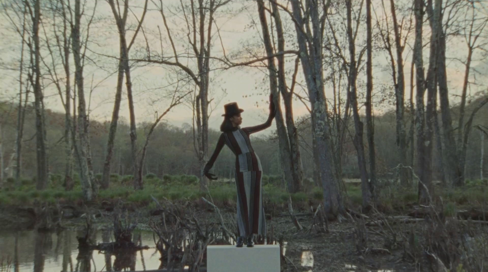 a statue of a woman standing in the middle of a swamp