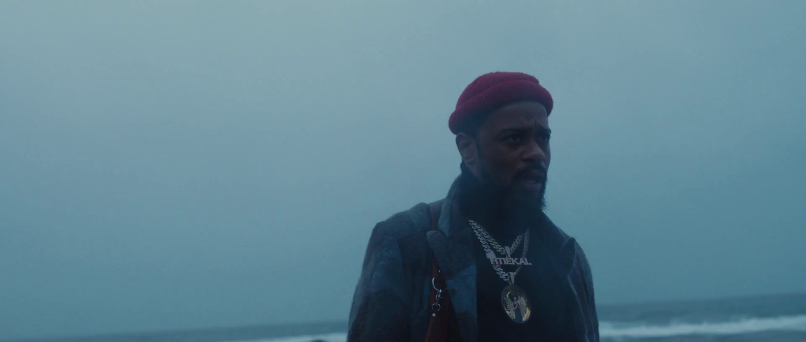 a man with a beard and a red hat standing in front of the ocean