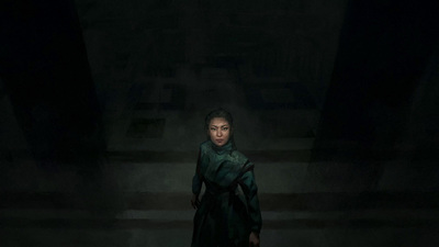 a woman in a dark room with stairs