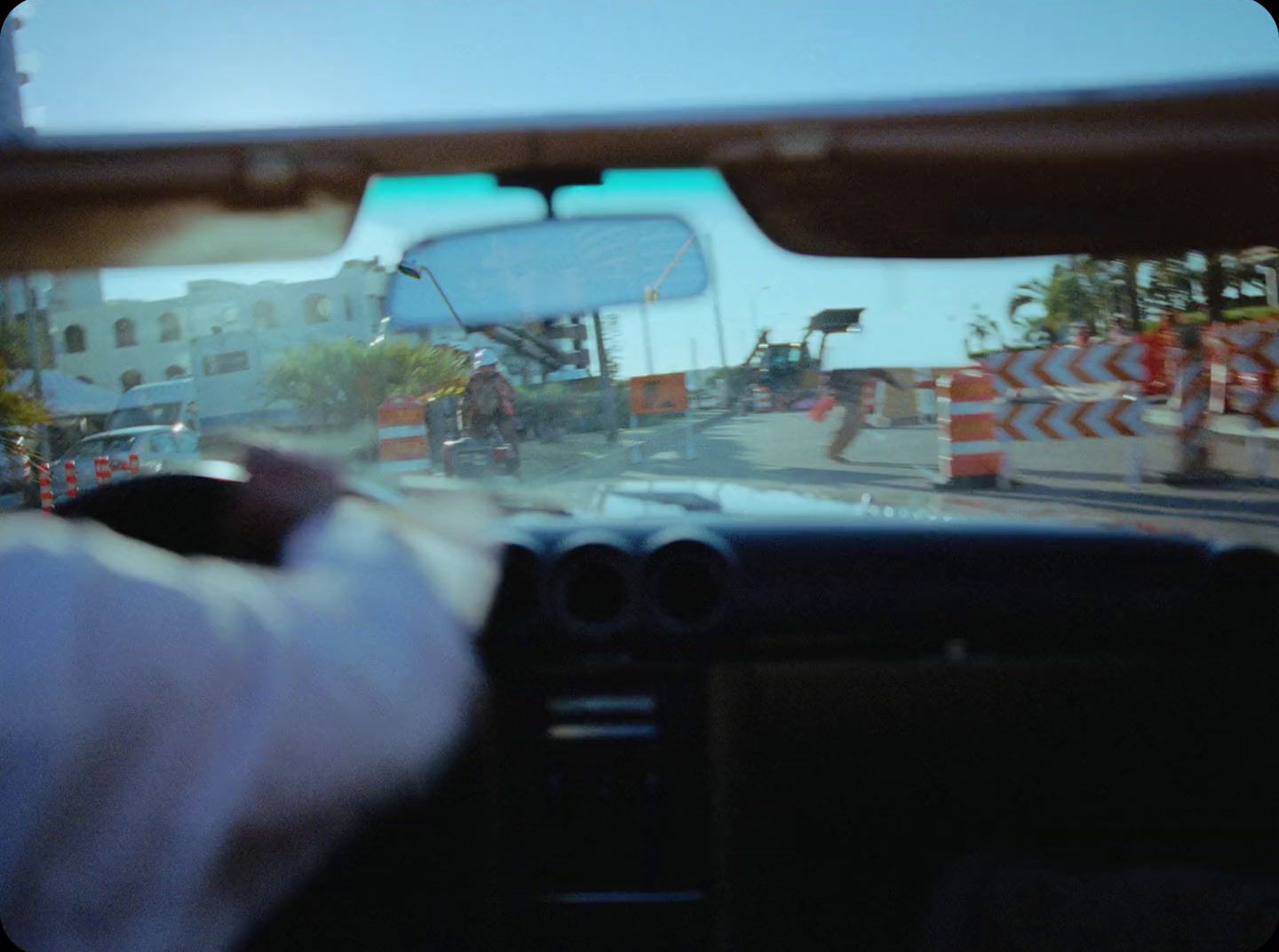 a view of a construction area from inside a vehicle