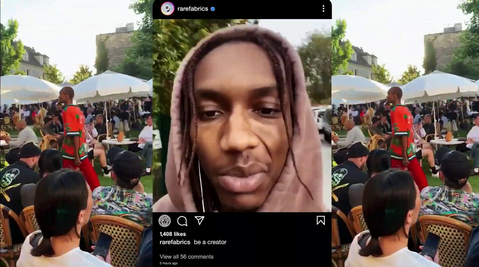 a man with dreadlocks making a face in front of a group of people