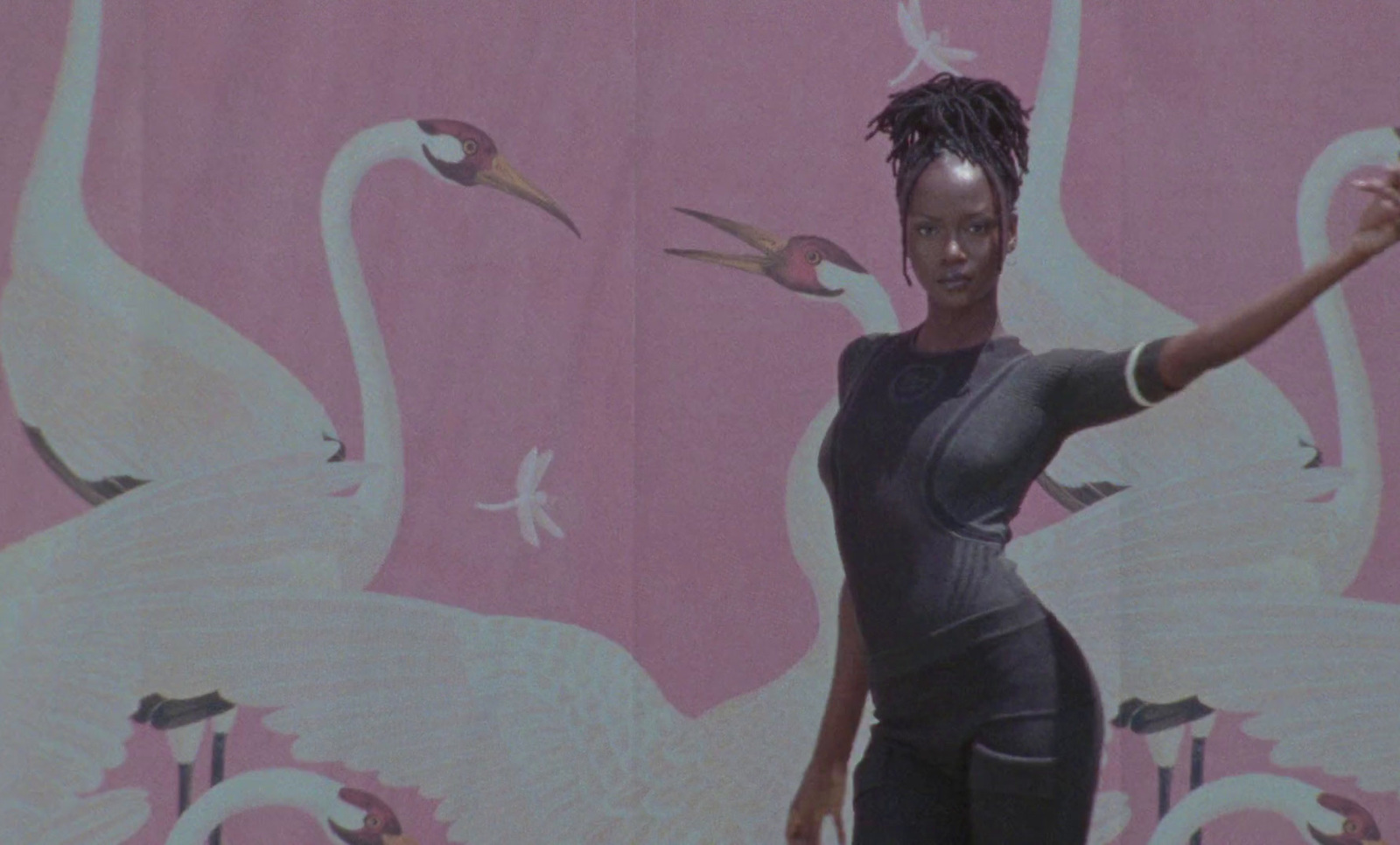 a woman standing in front of a wall with swans on it